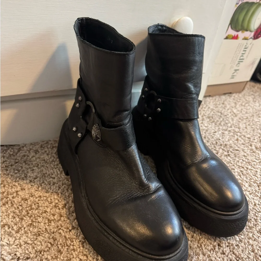 Kurt Geiger Black Platform Ankle Boots with Studded Ring Strap